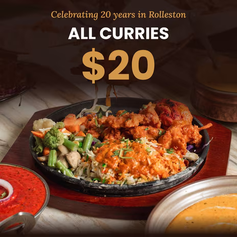 Celebrating 20 years in Rolleston. All Curries $20 until 30 Nov 2026