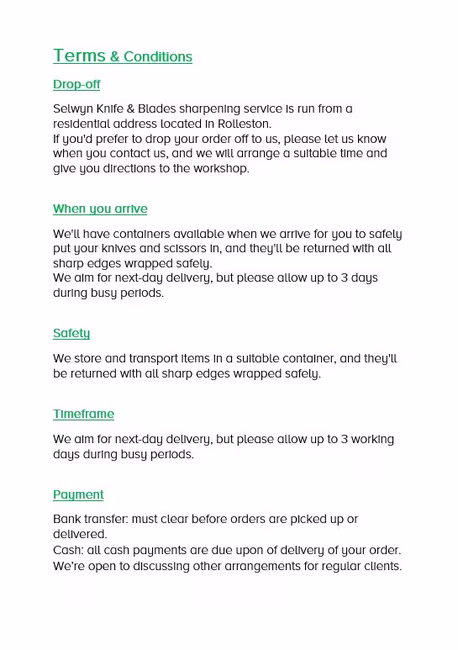 Knive Sharpening T&Cs