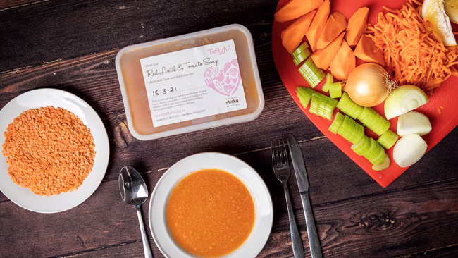 BellyFul example meal with red lentils, onions and vegetables